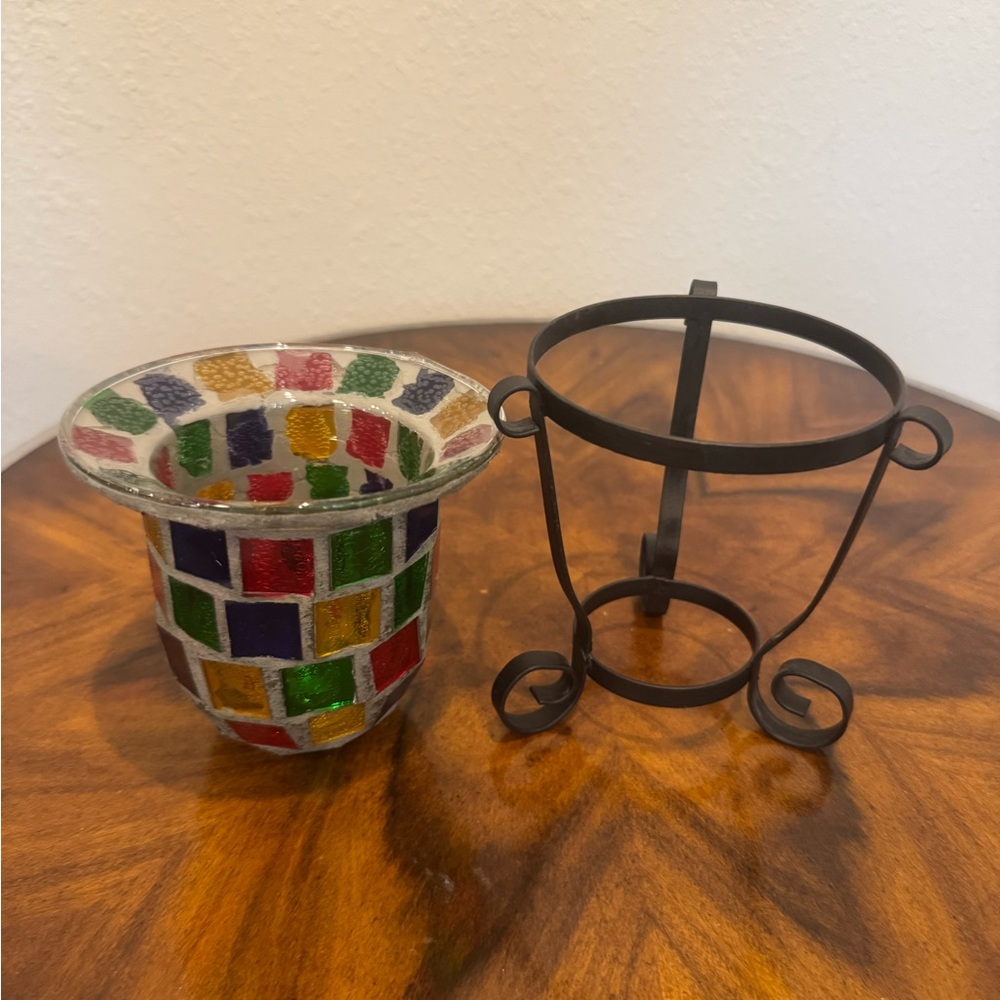 Stained Glass Mosaic Candle Holder With Iron Stand 1970’s Era - Picture 2 of 8